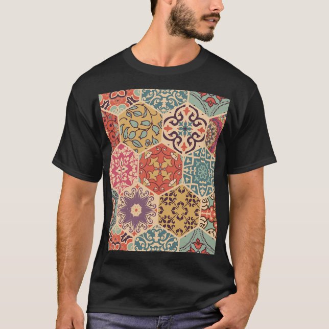 Colourful Patchwork Tile Islamic Motifs T-Shirt (Front)