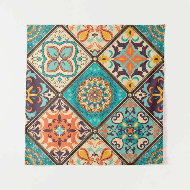 Colourful patchwork tile: Islamic motifs. Tapestry (Front)