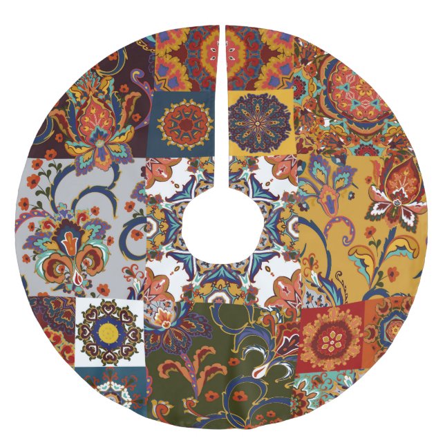 Colourful Patchwork Tile: Majolica Pottery Style Brushed Polyester Tree Skirt (Front)