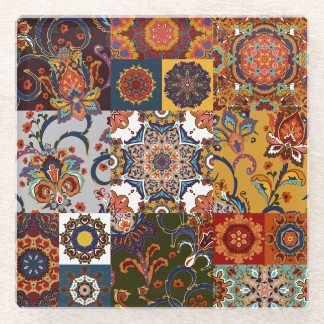 Colourful Patchwork Tile: Majolica Pottery Style Glass Coaster (Front)