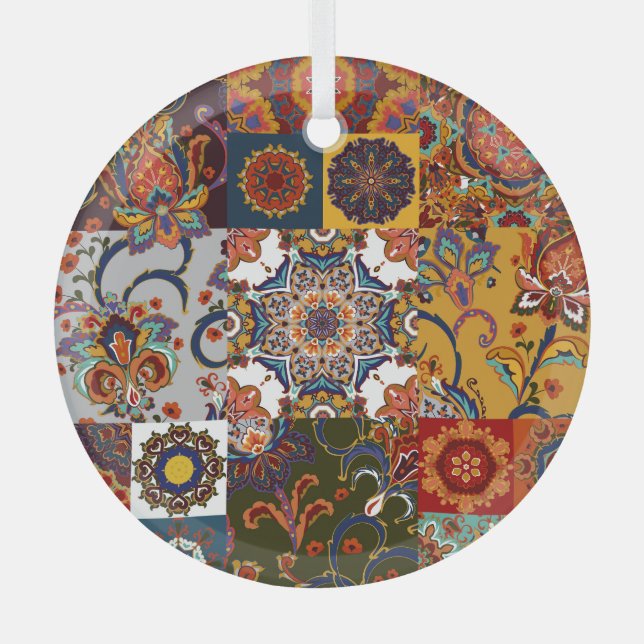 Colourful Patchwork Tile: Majolica Pottery Style Glass Ornament (Front)