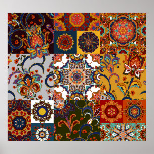 Colourful Patchwork Tile: Majolica Pottery Style Poster