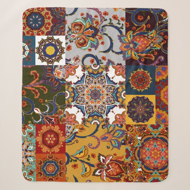 Colourful Patchwork Tile: Majolica Pottery Style Sherpa Blanket (Front)