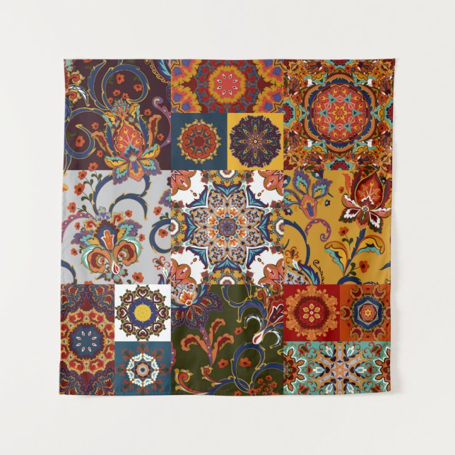 Colourful Patchwork Tile: Majolica Pottery Style Tapestry (Front)