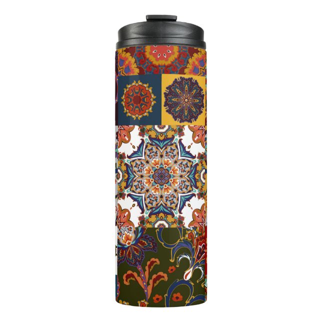 Colourful Patchwork Tile: Majolica Pottery Style Thermal Tumbler (Front)