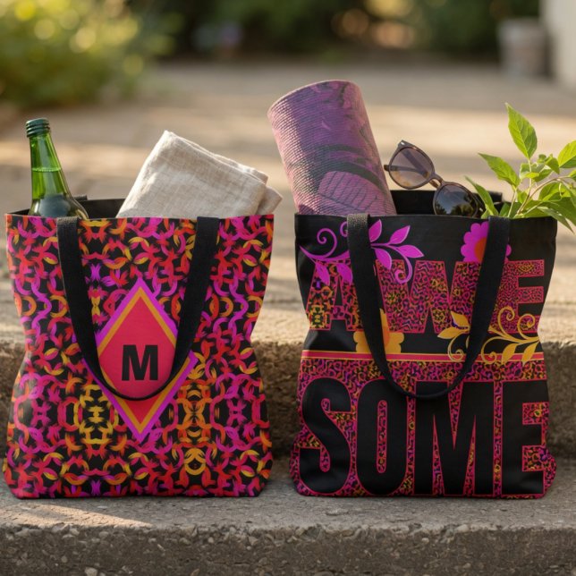 Colourful Pattern Bag With The Text Awesome (Flip it for flair. Bold pattern with a personal touch. Customize it with ease.)