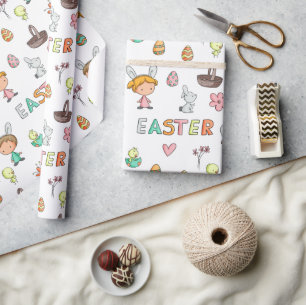 Colourful Pattern Bunnies Eggs Kids Easter Wrapping Paper