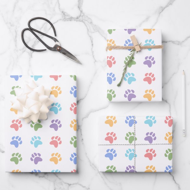Colourful Pattern Of Animal Paw Prints Dog Paw Wrapping Paper Sheet (Front)