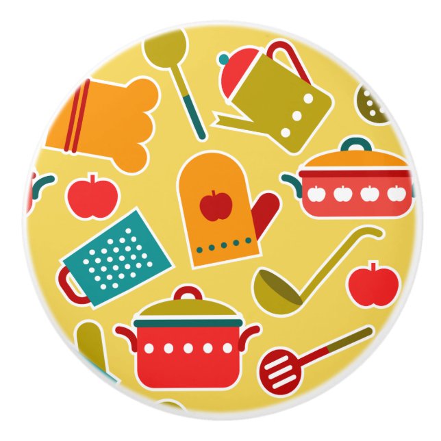 Colourful pattern of kitchen utensils ceramic knob (Front)