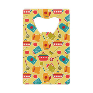 Colourful pattern of kitchen utensils credit card bottle opener