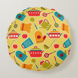 Colourful pattern of kitchen utensils round pillow