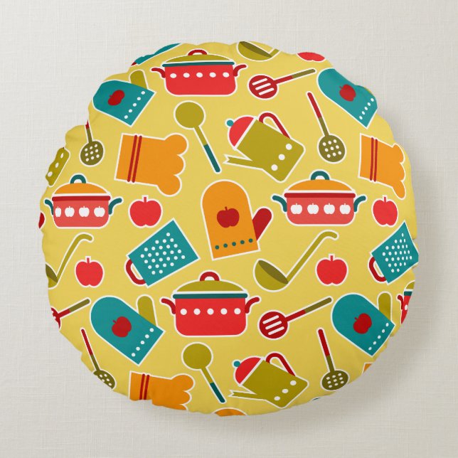 Colourful pattern of kitchen utensils round pillow (Front)