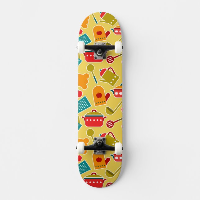Colourful pattern of kitchen utensils skateboard (Front)