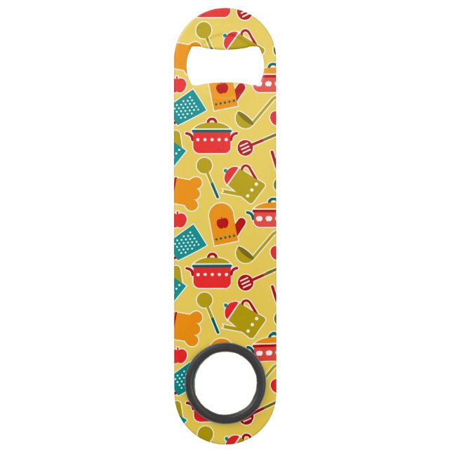 Colourful pattern of kitchen utensils speed bottle opener (Front)