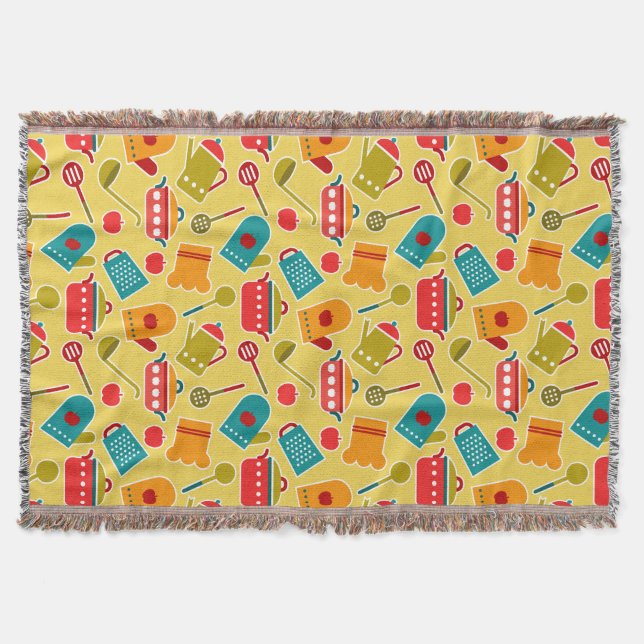 Colourful pattern of kitchen utensils throw blanket (Front)