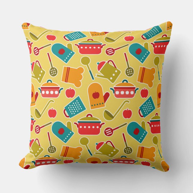 Colourful pattern of kitchen utensils throw pillow (Front)