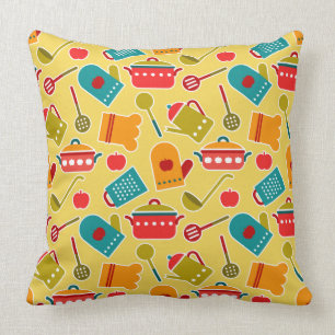 Colourful pattern of kitchen utensils throw pillow
