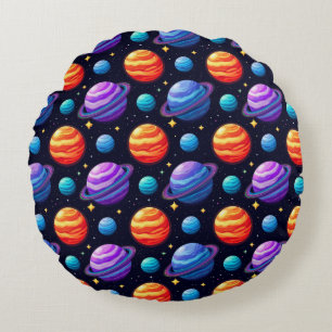 Colourful Pattern of Planets and Stars Round Pillow