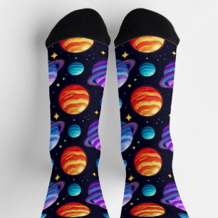 Colourful Pattern of Planets and Stars Socks