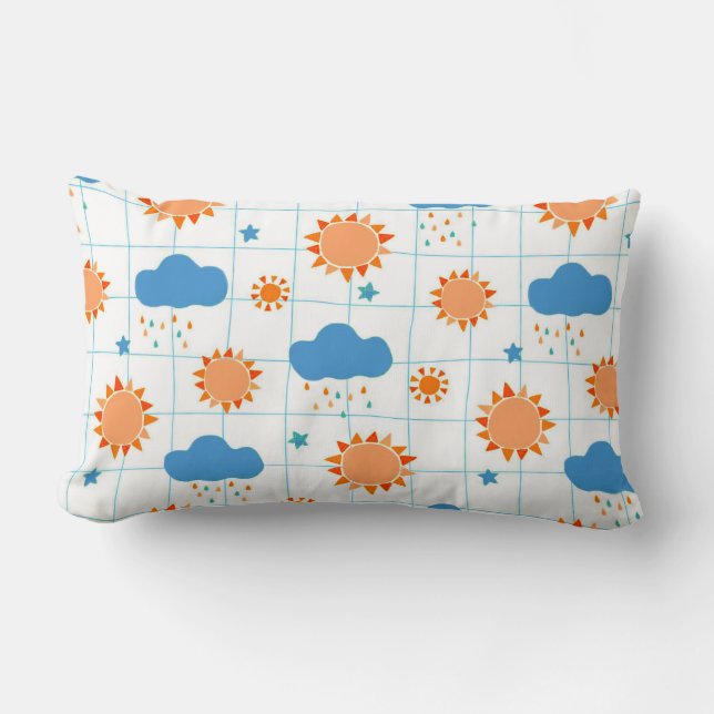 Colourful Pattern of Suns, Clouds, and Raindrops Lumbar Pillow (Front)