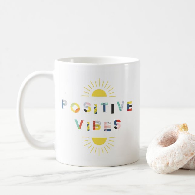 Colourful Pattern Typography Positive Vibes Modern Coffee Mug (With Donut)