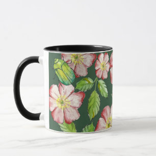 Colourful pattern with watercolor rose flowers and mug