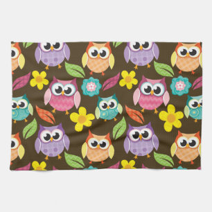 Colourful Patterned Owls and Flowers Kitchen Towel