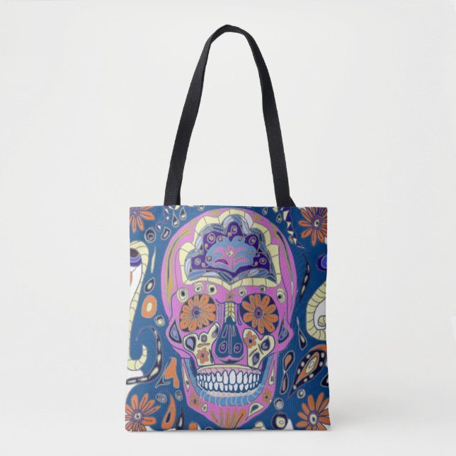 Colourful Patterned Skull Tote Bag (Front)