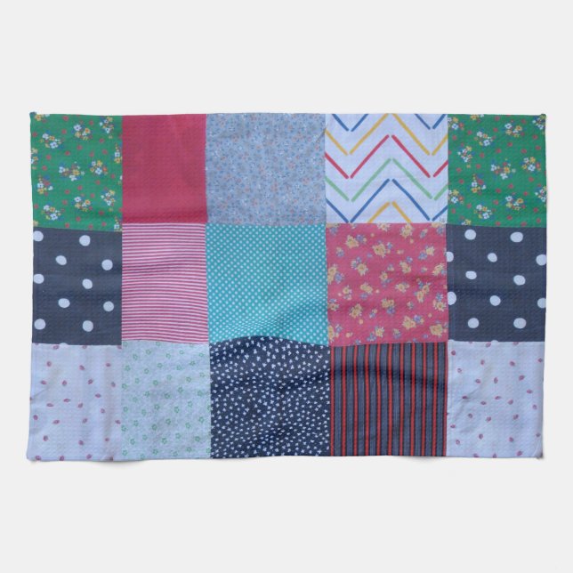 colourful patterned squares vintage patchwork kitchen towel (Horizontal)
