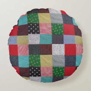 colourful patterned squares vintage patchwork  round pillow