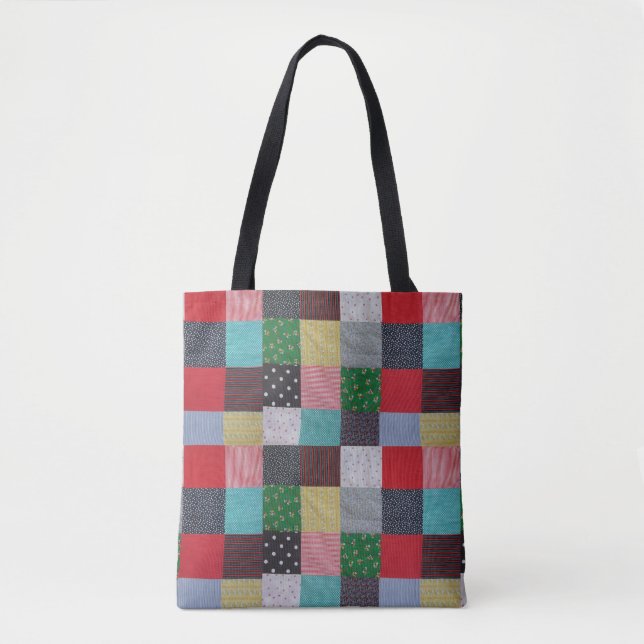 colourful patterned squares vintage patchwork tote bag (Front)
