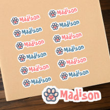 Colourful Paw Print and Heart Custom Name Label Se