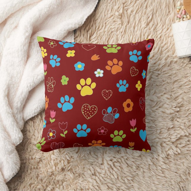 Colourful Paw Print, Heart, and Flower Pattern  Throw Pillow (Blanket)