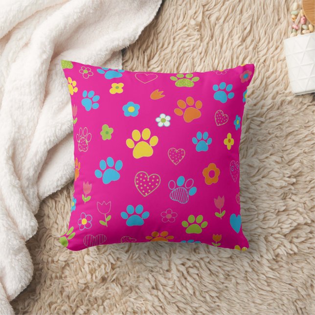 Colourful Paw Print, Heart, and Flower Pattern  Throw Pillow (Blanket)