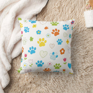 Colourful Paw Print, Heart, and Flower Pattern Throw Pillow