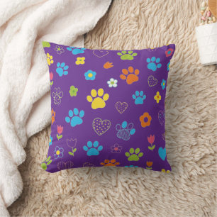 Colourful Paw Print, Heart, and Flower Pattern Throw Pillow