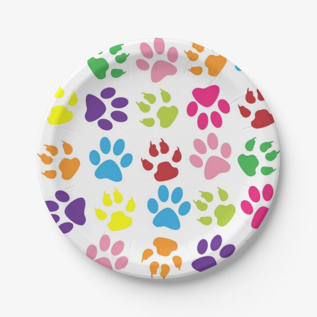 Colourful Paw Print Paper Plates (Front)