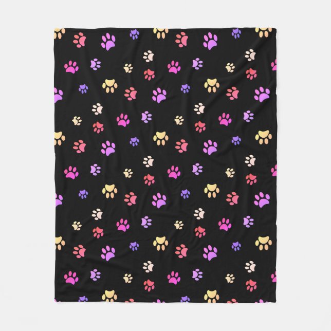 Colourful Paw Print Pattern on Black Fleece Blanket (Front)