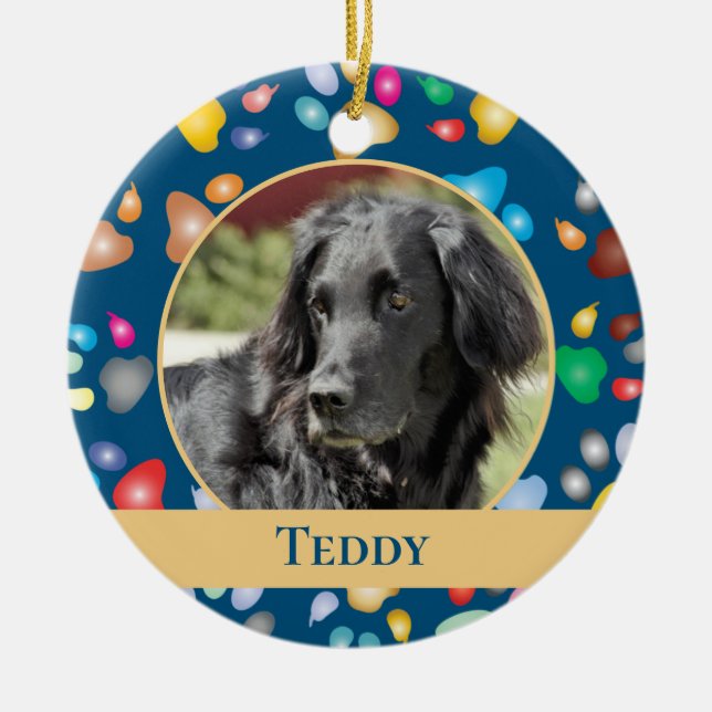 Colourful Paw Print Pattern Pet Ceramic Ornament (Front)