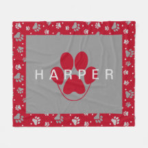 Colourful Paw Print Pattern Pet Name Red Fleece Pe
