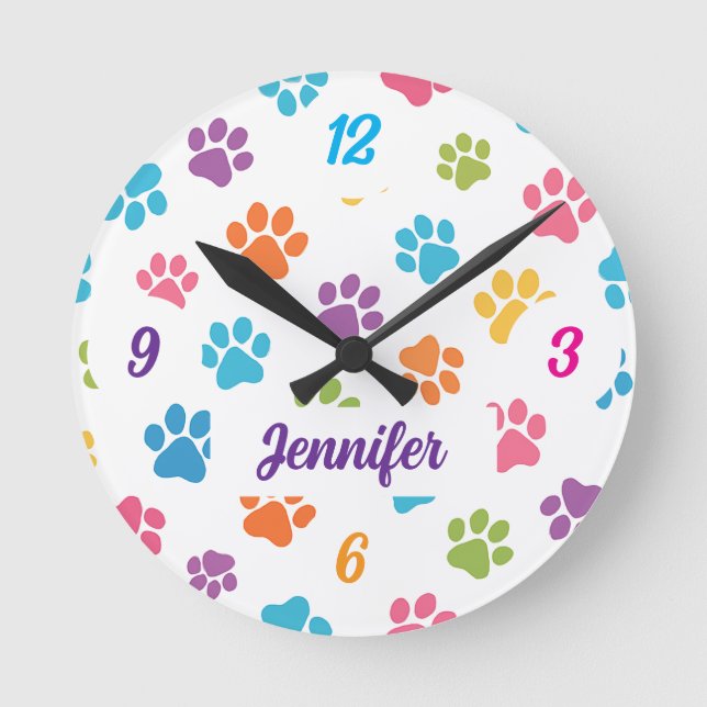 Colourful Paw Print Wall Clock with Custom Name  (Front)