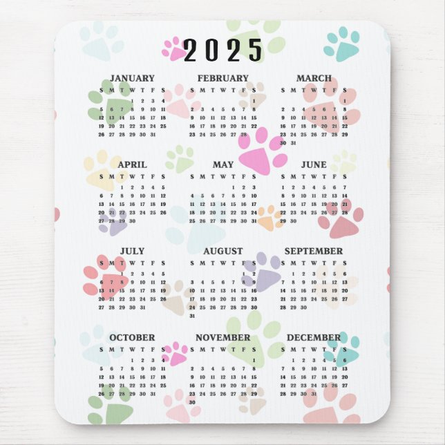 Colourful Paw Prints 2025 Calendar Mousepad (Front)
