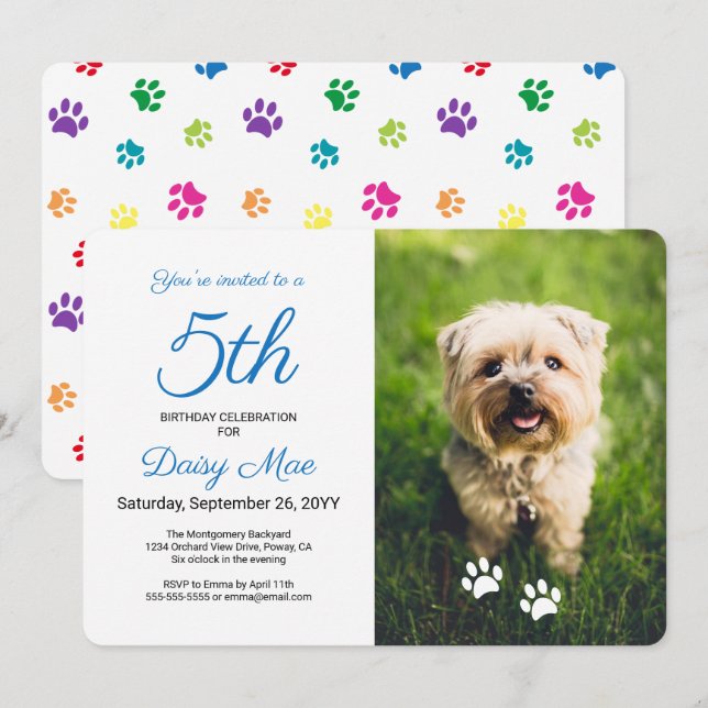 Colourful Paw Prints Blue Pet Birthday Photo Invitation (Front/Back)