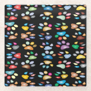 Colourful paw prints glass coaster