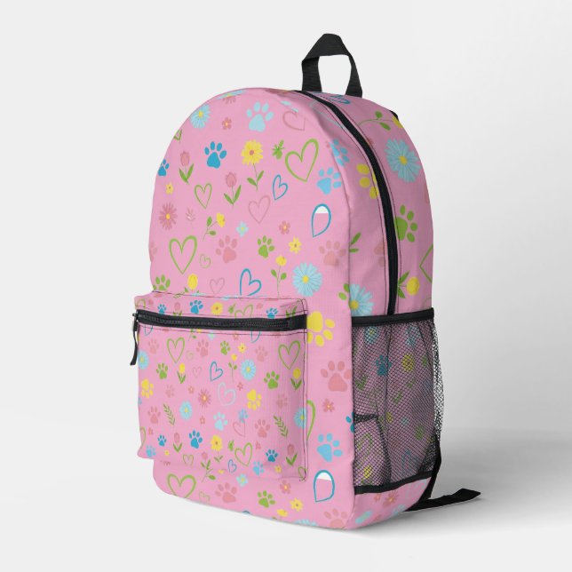 Colourful Paw Prints & Hearts Backpack Cute Floral (Back Corner Right)