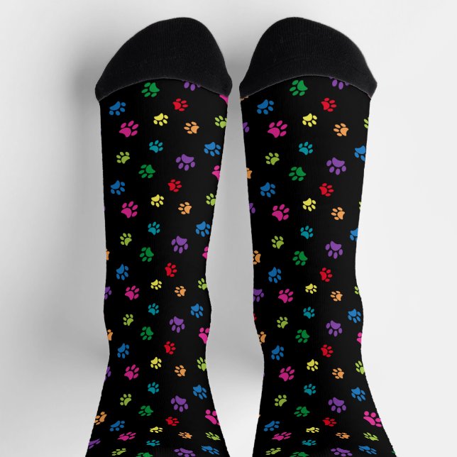 Colourful Paw Prints Pattern Black Socks (Top)