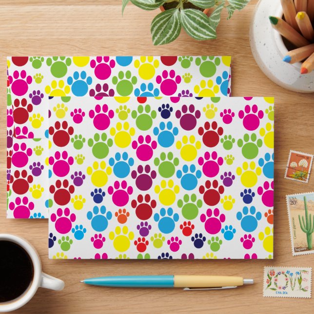 Colourful Paw Prints Pattern Envelope (Desk)
