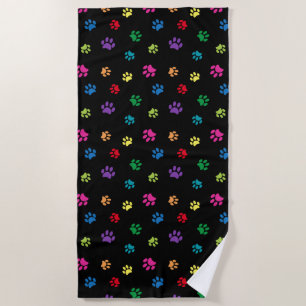 Colourful Paw Prints Pattern on Black Beach Towel