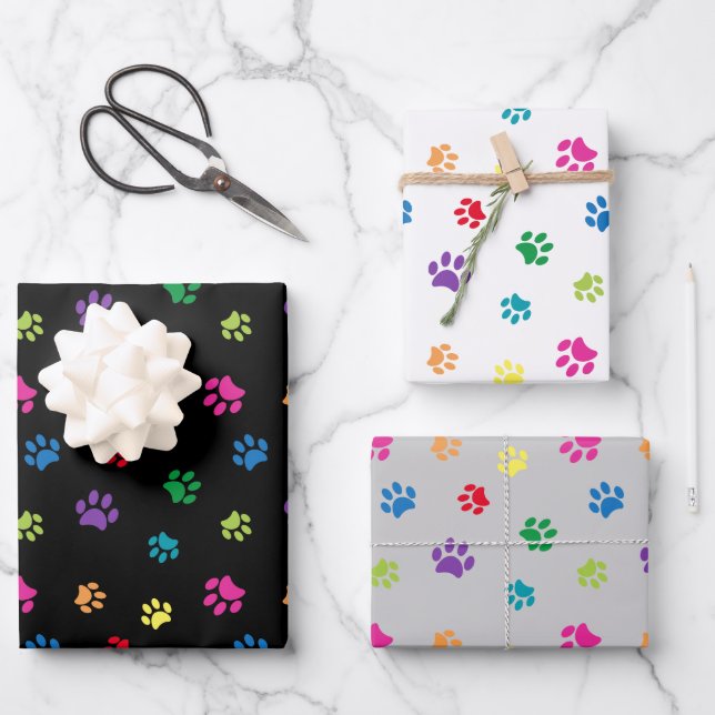 Colourful Paw Prints Pattern on Black White Grey Wrapping Paper Sheet (Front)