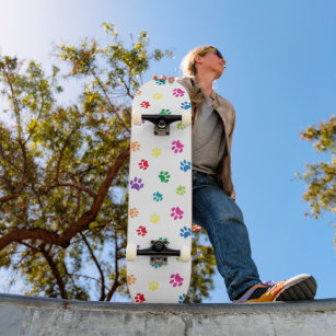 Colourful Paw Prints Pattern Skateboard